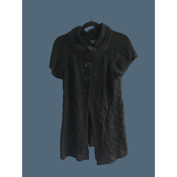 FADED GLORY-WOMENS BLACK SHORT SLEEVE CROCHE SWEATER VEST BUTTON CLOSURE SIZE XS - Picture 1 of 6